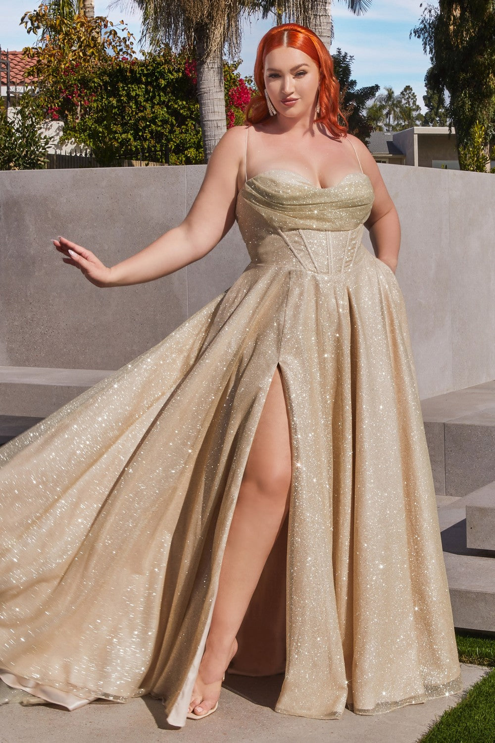 Ladivine CD252C Glittering A Line Gown Cinderella Divine, Champagne Gold / 22 Ladivine CD252C Glittering A Line Gown Cinderella Divine, Champagne Gold / 22