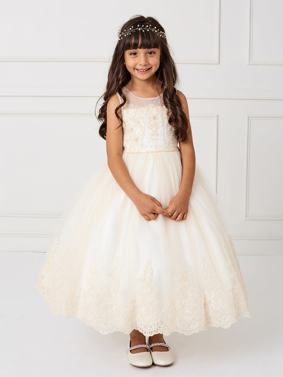 Champagne Girl Dress with Illusion Neckline Bodice - AS5801