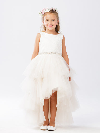 Champagne Girl Dress with Lace Bodice and Beaded Sash Dress - AS5722