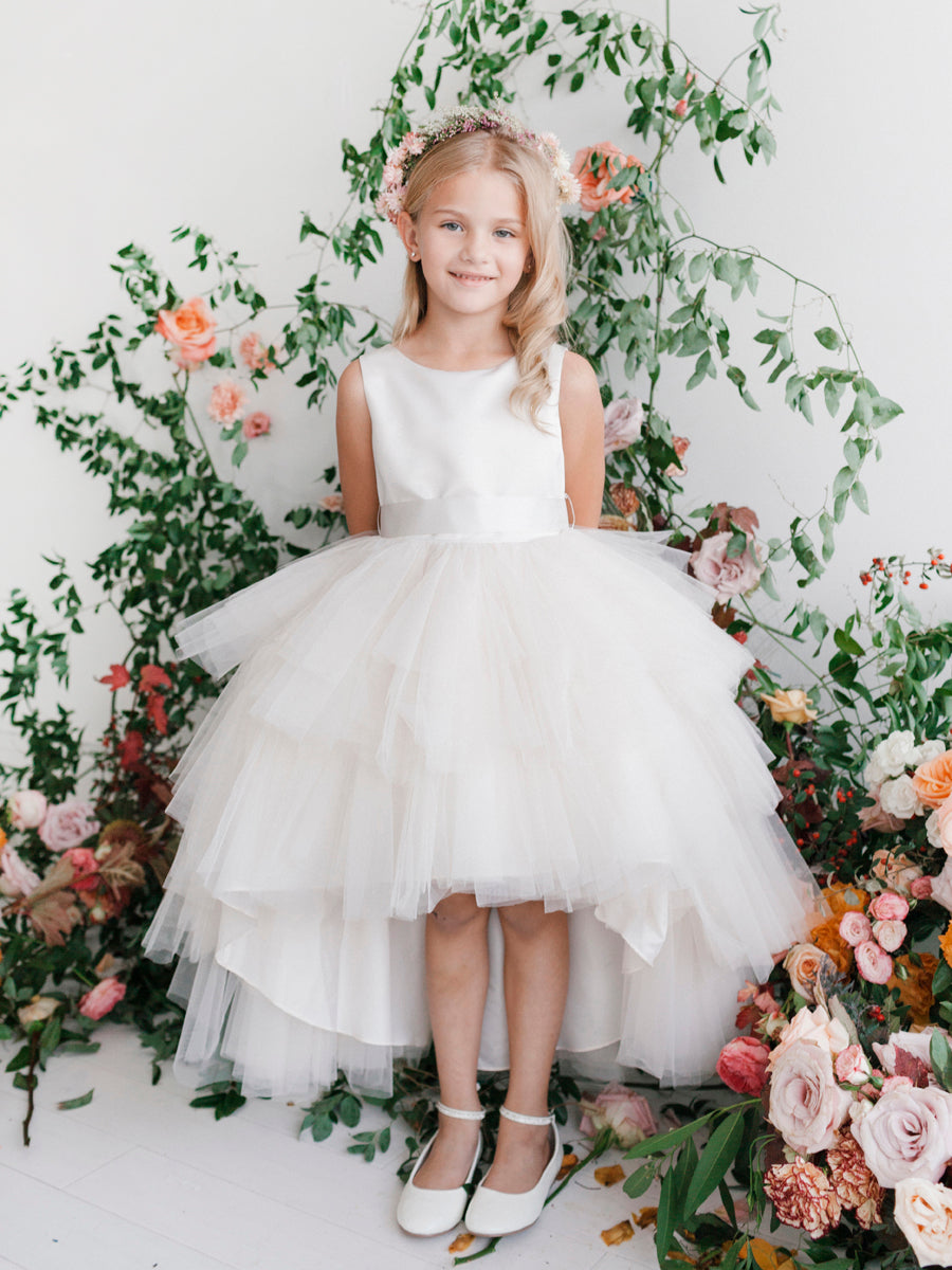 Champagne Girl Dress with Ruffled Tulle High-Low Dress - AS5658