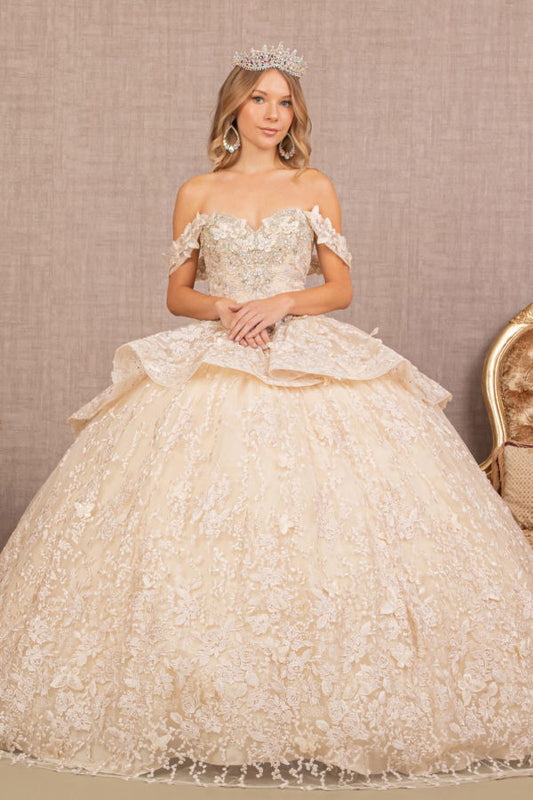 Champagne Jewel 3-D Butterfly Applique Sweetheart Quinceanera Dress - GL3112