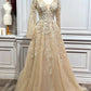 Champagne Long Sleeve Beaded A-Line Gown A1215 - Special Occasion-Curves