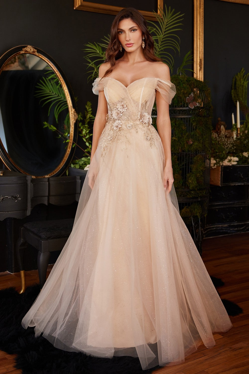 Champagne Off Shoulder Corset Slit Gown CD3395 - Women Evening Formal Gown - Special Occasion