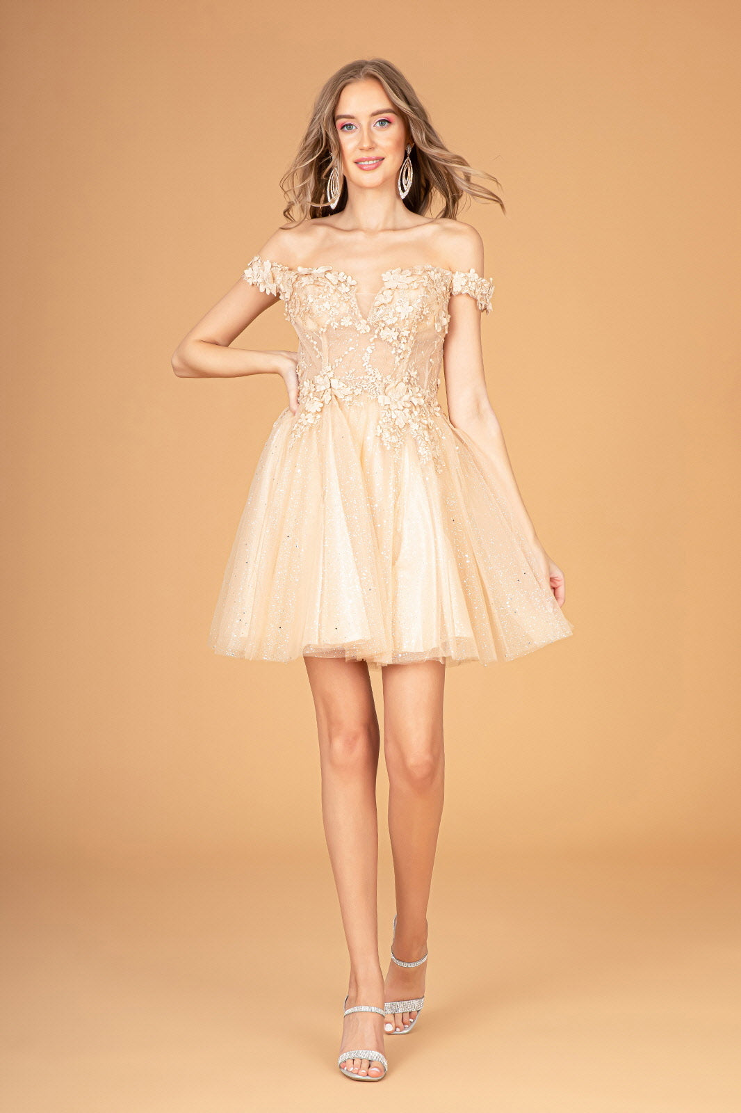 Champagne Off Shoulder Sweetheart Neckline Babydoll Short Dress GS3096 - Women Formal Dress - Special Occasion-Curves