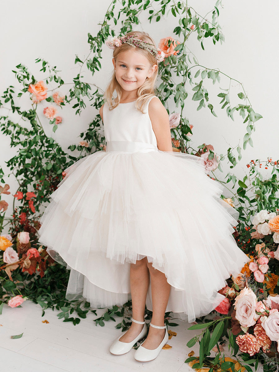 Champagne_1 Girl Dress with Ruffled Tulle High-Low Dress - AS5658