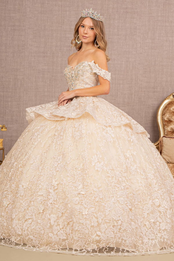 Champagne_2 Jewel 3-D Butterfly Applique Sweetheart Quinceanera Dress - GL3112