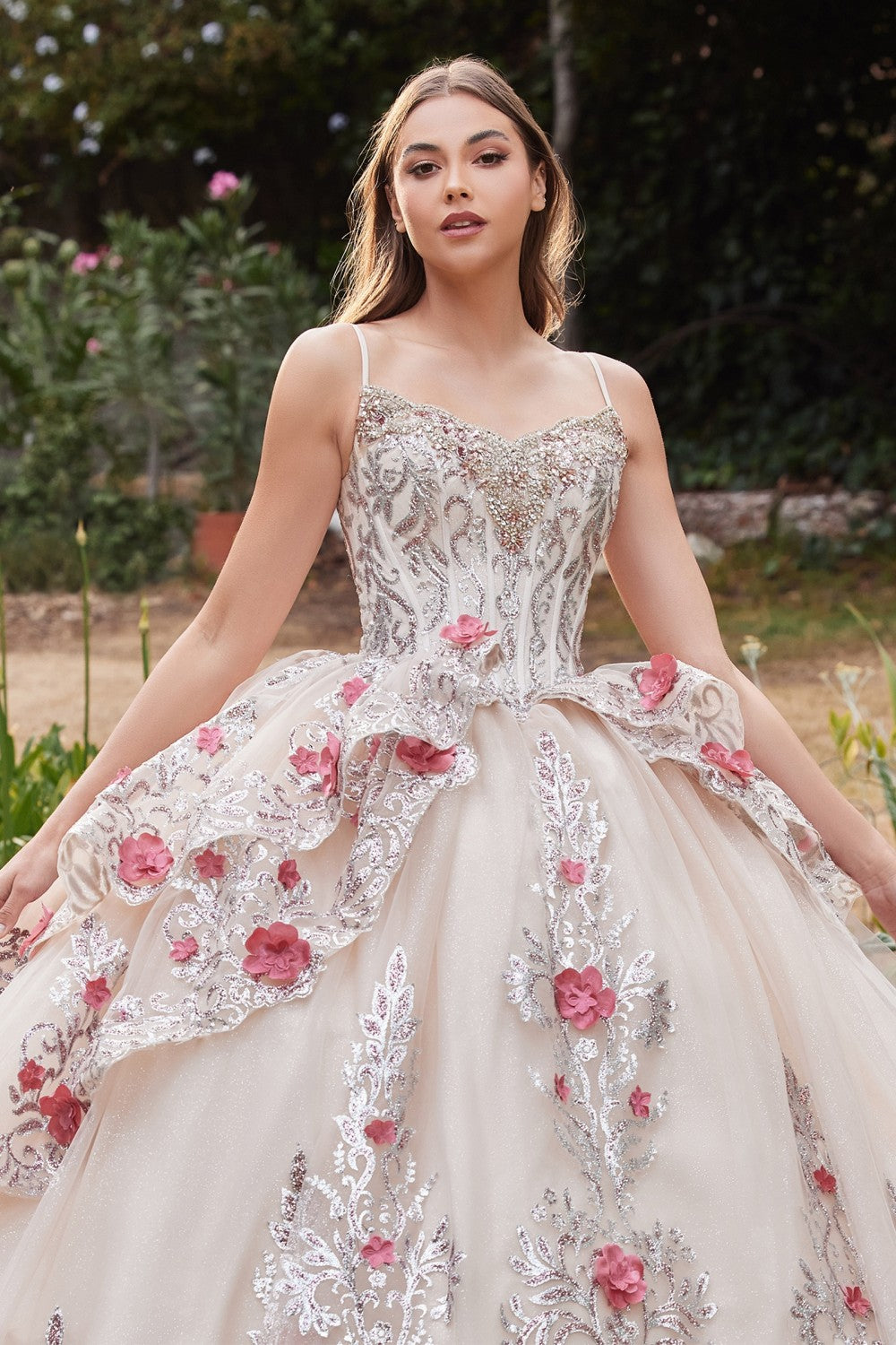 open lace back dress Cinderella Divine 15703 Corset Style Champagne Lace Quinceanera Ball Gown Ladivine, 3XL / Champagne