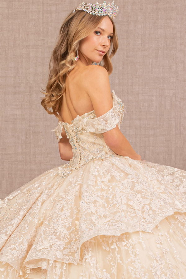 Off the Shoulder Jewel 3-D Butterfly Applique Sweetheart Quinceanera Dress by Elizabeth K