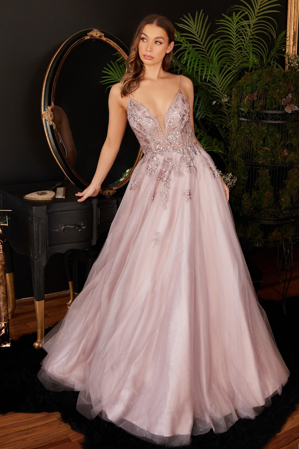Dusty-rose Lace A-Line Tulle Gown CB117 - Women Evening Formal Gown - Special Occasion-Curves