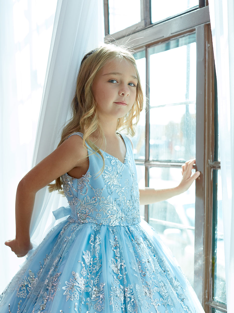 Dusty Blue_1 Girl Dress with Glitter Tulle Overlay Dress - AS7036