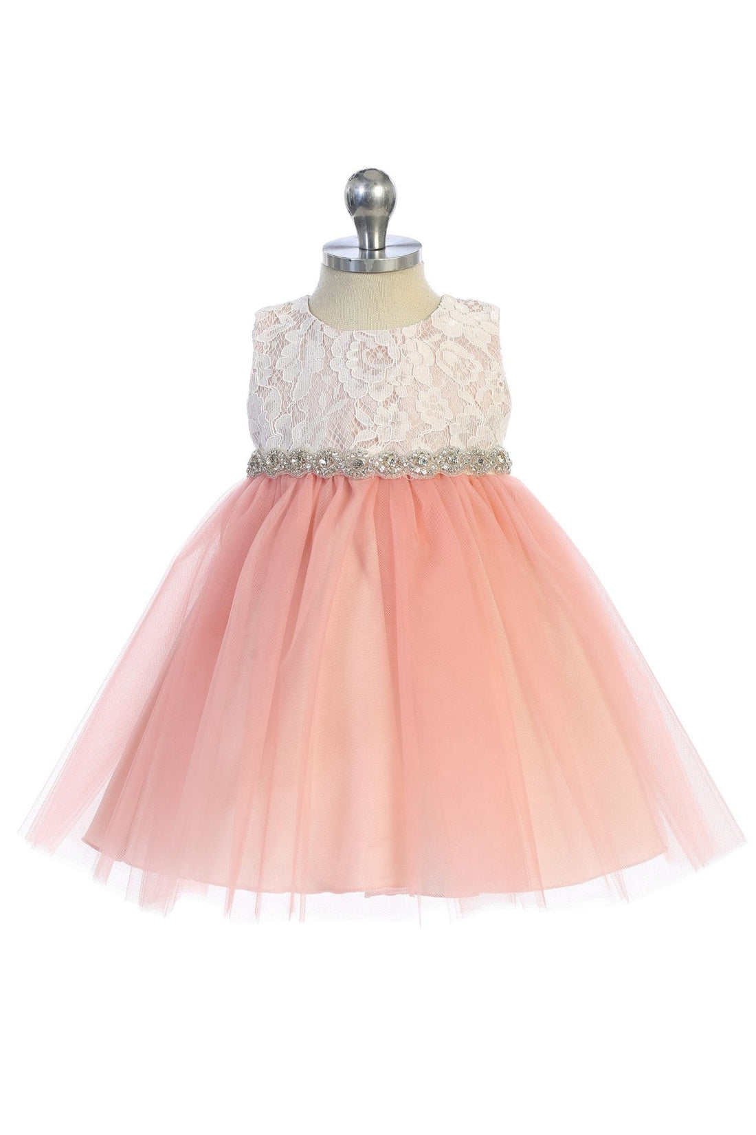 Lace Illusion Baby Dress with Rhinestone Trim S-6M / Dusty Rose