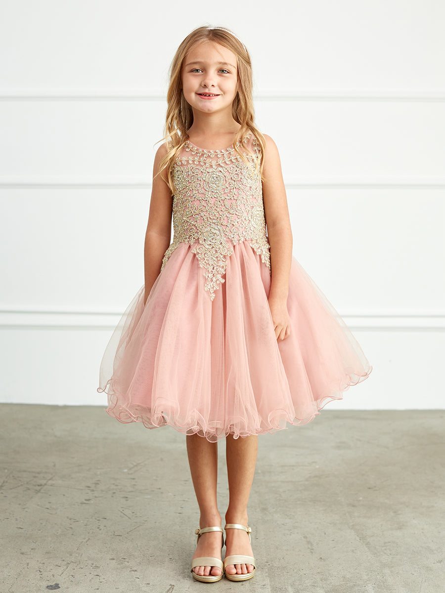 Dusty Rose Girl Dress with Floral Applique Bodice - AS7013