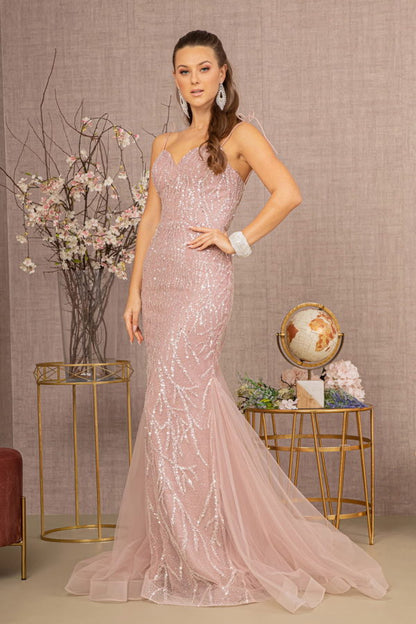 Dusty Rose Sequin Bead Lace-Up Back Trumpet Women Formal Dress - GL3121 - Special Occasion-Curves