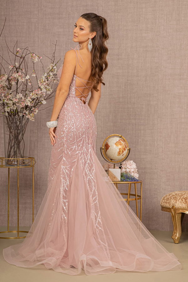 Dusty Rose_1 Sequin Bead Lace-Up Back Trumpet Women Formal Dress - GL3121 - Special Occasion-Curves