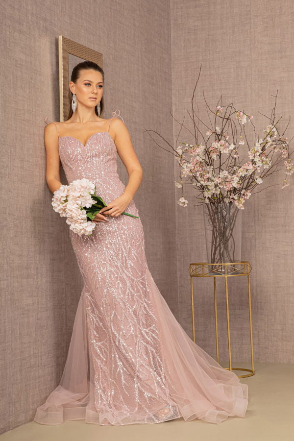 Dusty Rose_2 Sequin Bead Lace-Up Back Trumpet Women Formal Dress - GL3121 - Special Occasion-Curves