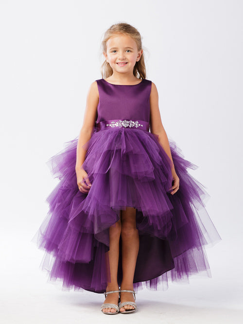 Eggplant Girl Dress with Ruffled Tulle High-Low Dress - AS5658