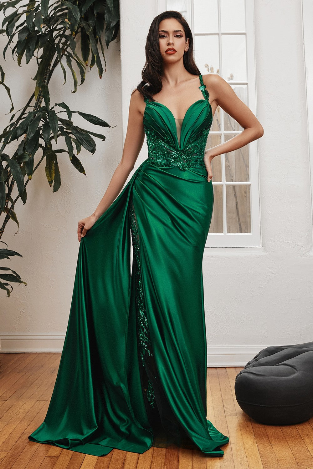 Emerald Fitted Soft Satin Slit Gown CDS417 - Women Evening Formal Gown - Special Occasion