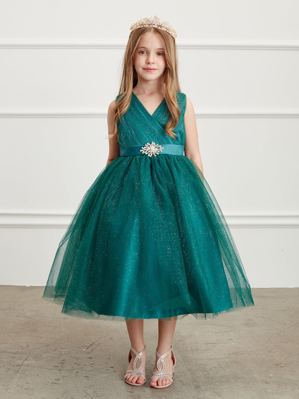 Emerald Girl Dress with Glitter V-Neck Tulle Dress - AS5698
