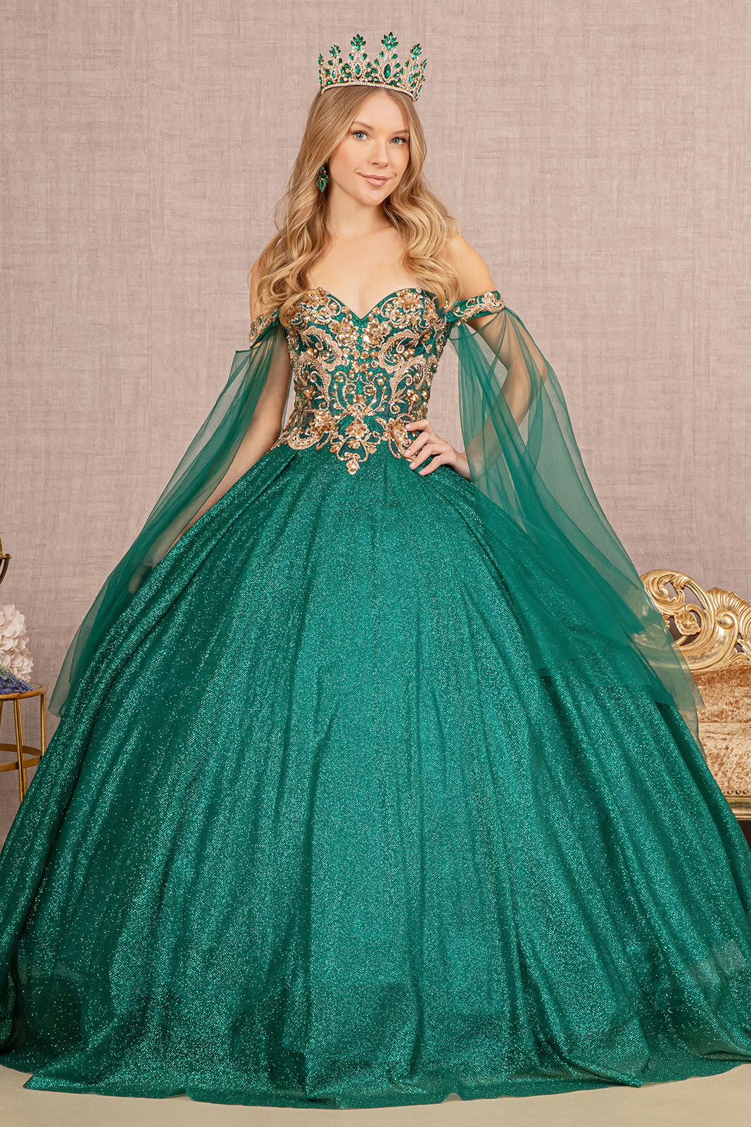Emerald Green GL3139 - Glitter Sheer Bodice Sweetheart Neckline Quinceanera Dress