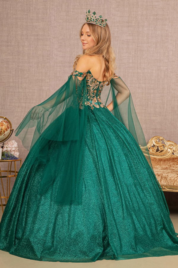 green emerald velvet dress Tulle Ball Gown Quinceanera Dresses with Cape main image 1