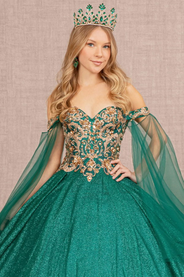 Emerald Green_2 GL3139 - Glitter Sheer Bodice Sweetheart Neckline Quinceanera Dress