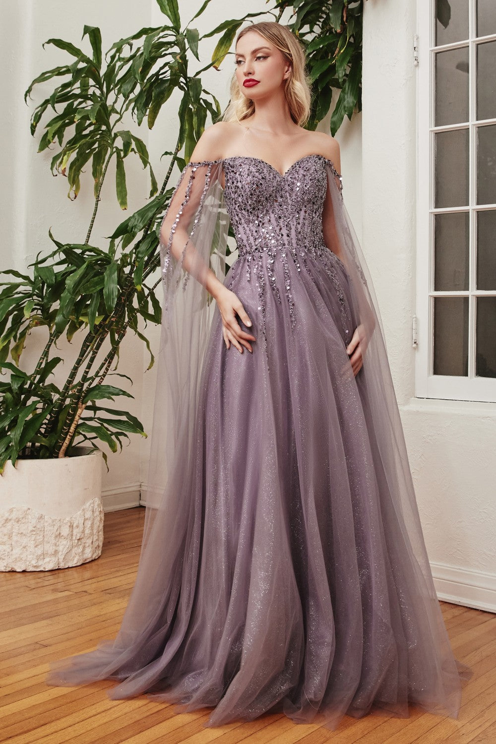 English-violet A-Line with Cape Sleeves Gown CD0204 - Women Evening Formal Gown - Special Occasion-Curves