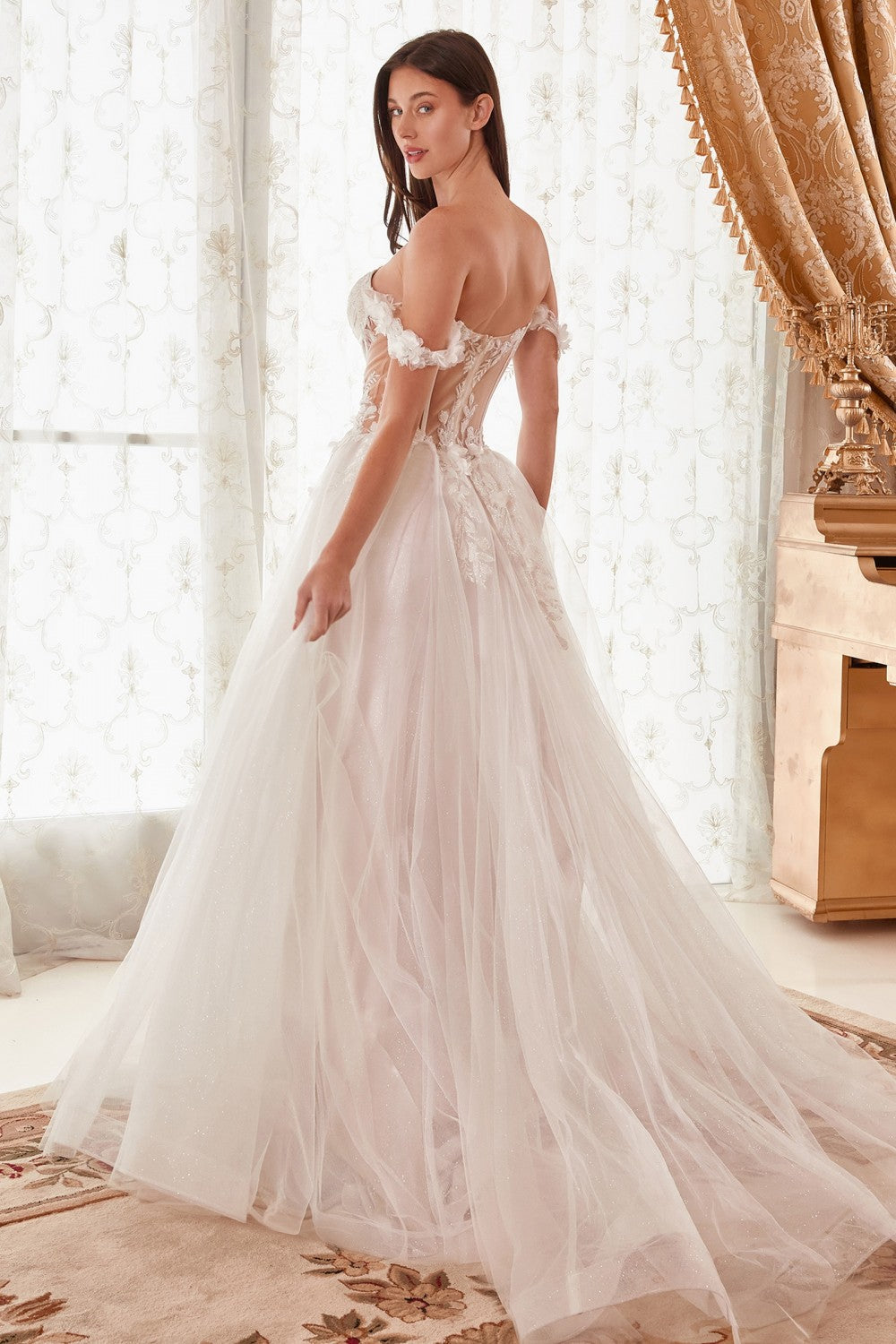 modified a line wedding dress Ladivine WN308 - Floral Off-Shoulder Bridal Gown 6 / French White