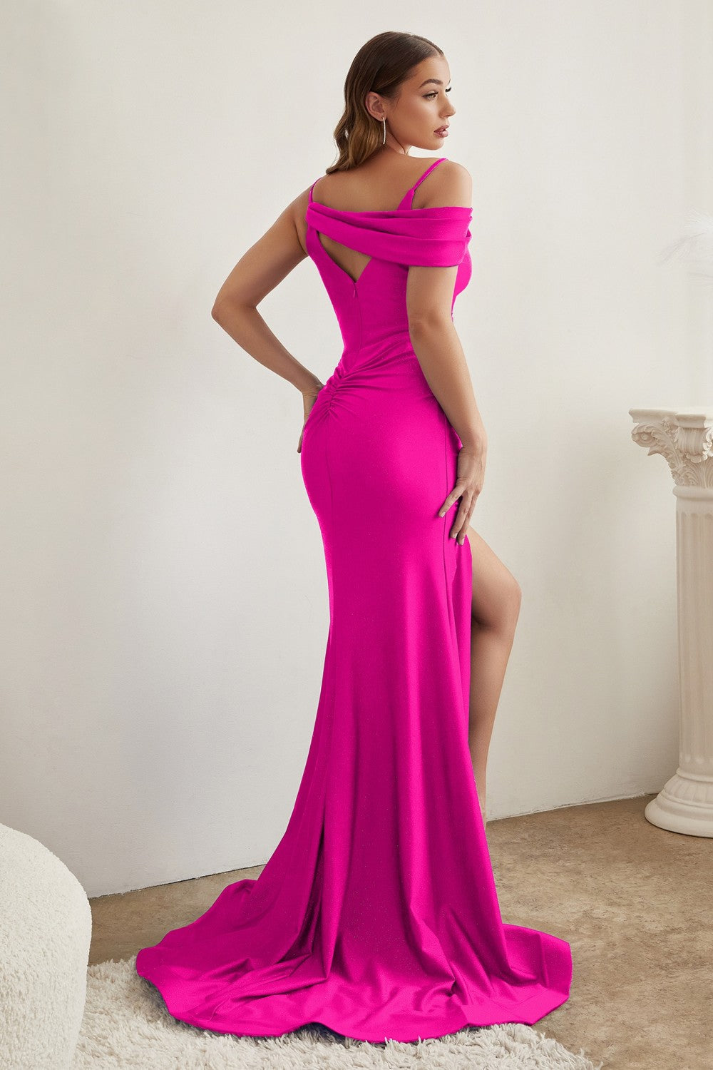 Fuchsia Asymmetrical Shoulder Satin Gown CD881 - Women Evening Formal Gown - Special Occasion-Curves