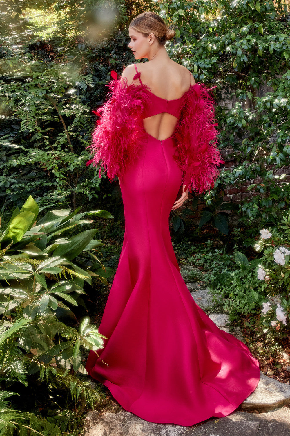 Fuchsia_1 Sweetheart Neck with Feather Sleeves Mermaid Gown Andrea & Leo Couture - A1208