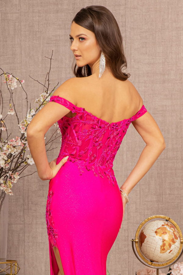 Fuchsia_3 Glitter Sheer Bodice Mermaid Slit Gown GL3162 - Women Formal Dress- Special Occasion-Curves