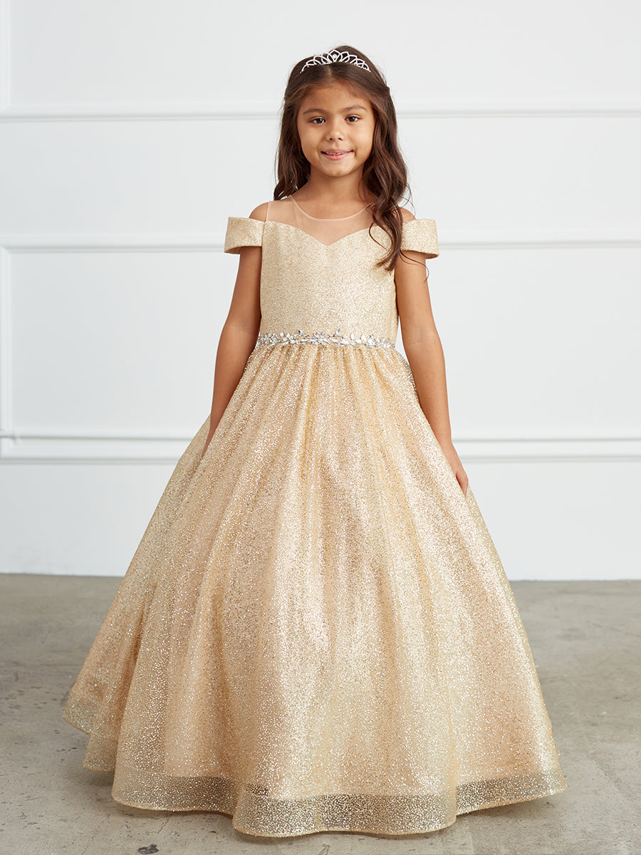 Gold Girl Dress with Glitter Illusion Neckline - AS7029