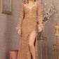 Gold Puff Shoulder 3-4 Sleeves Feather Velvet Mermaid Dress - GL3122 - Special Occasion-Curves