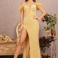 Gold Sequin Cut-away Shoulder Mermaid Slit Women Formal Dress - GL3149 - Special Occasion-Curves