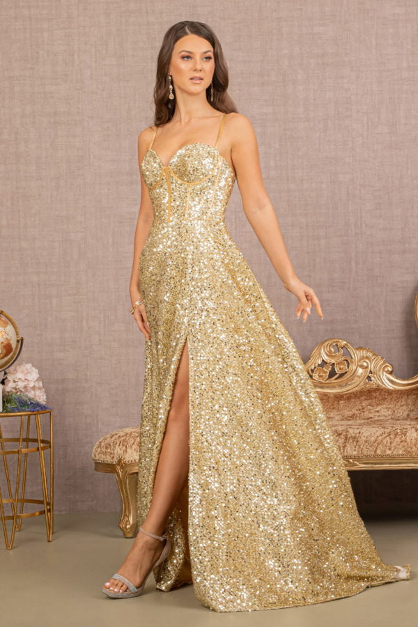 Gold Sequin Sweetheart A-Line Women Formal Dress - GL3132 - Special Occasion-Curves