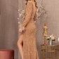 Gold_1 Puff Shoulder 3-4 Sleeves Feather Velvet Mermaid Dress - GL3122 - Special Occasion-Curves