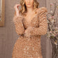 Gold_2 Puff Shoulder 3-4 Sleeves Feather Velvet Mermaid Dress - GL3122 - Special Occasion-Curves