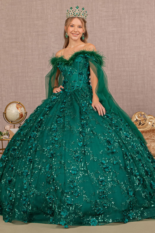Green GL3101 - Feather Embellishment Off-Shoulder Quinceanera Dress