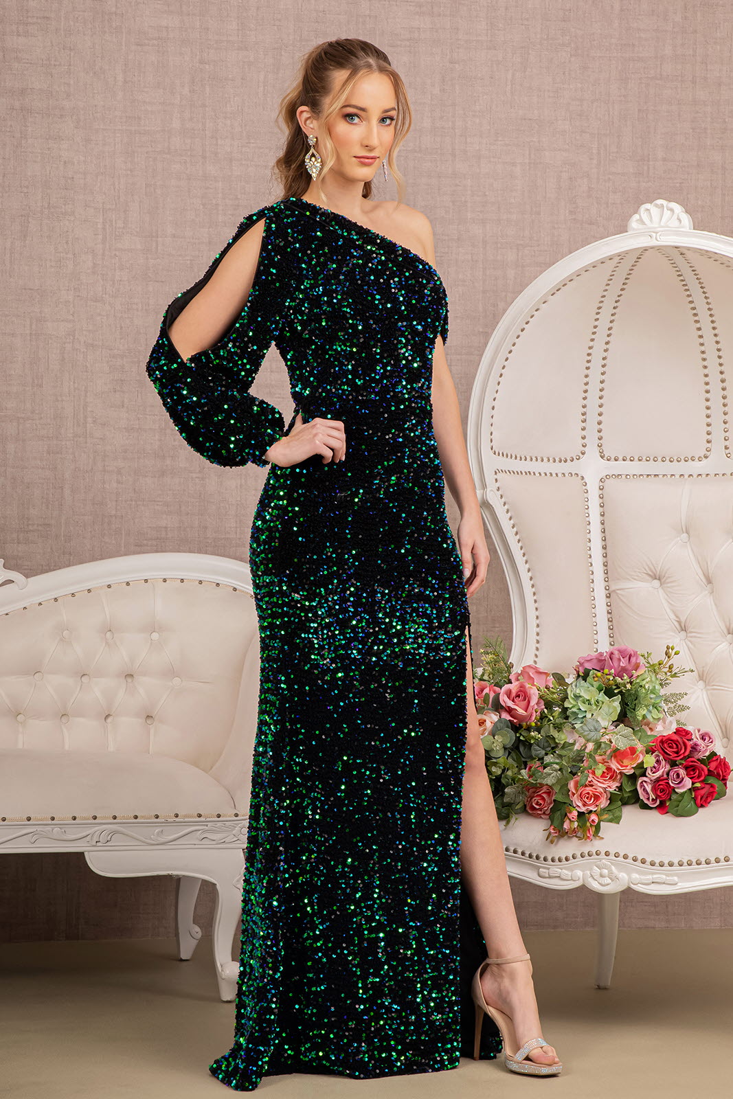 Green Sequin Asymmetric Velvet Mermaid Dress - GL3159 - Special Occasion-Curves