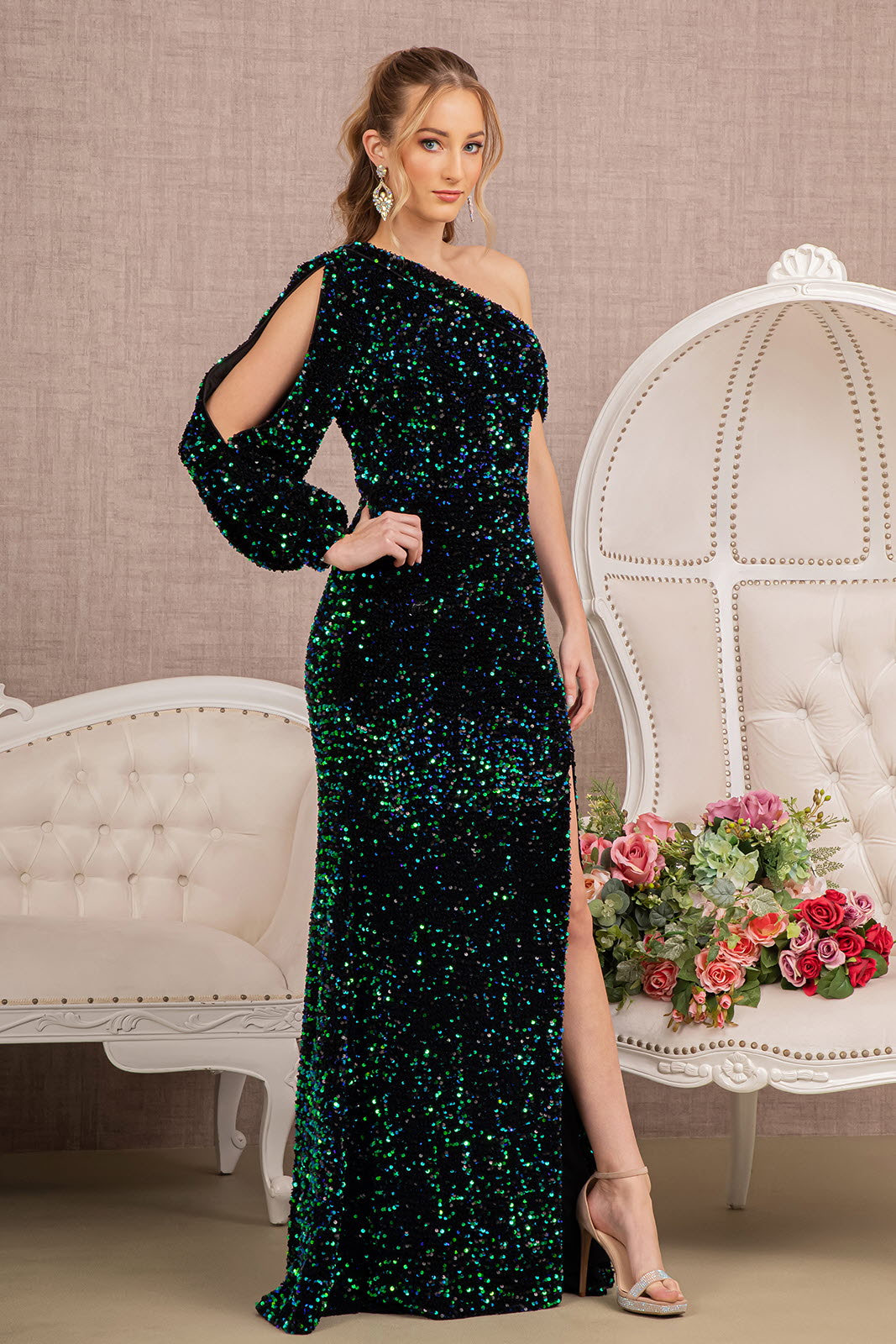 knee length dresses for ladies Puff Shoulder 3/4 Sleeves Feather Velvet Mermaid Dress 4XL / Silver main image 1