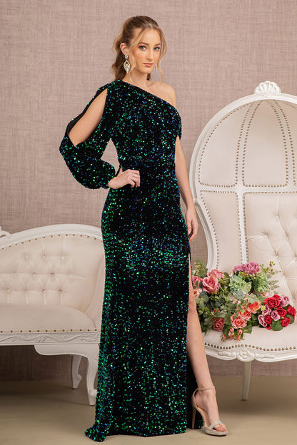 Green Sequin Asymmetric Velvet Mermaid Dress - GL3159 - Special Occasion-Curves