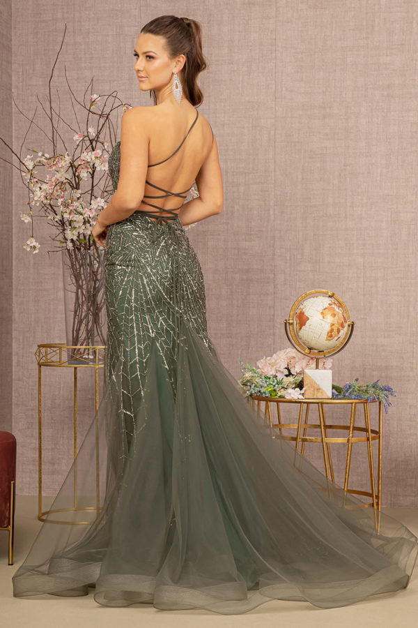 Green_1 Asymmetric Glitter Mesh Mermaid Dress GL3161 - Women Formal Dress - Special Occasion-Curves