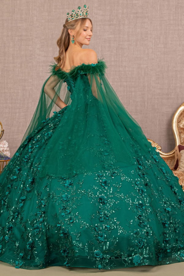 Green_1 GL3101 - Feather Embellishment Off-Shoulder Quinceanera Dress