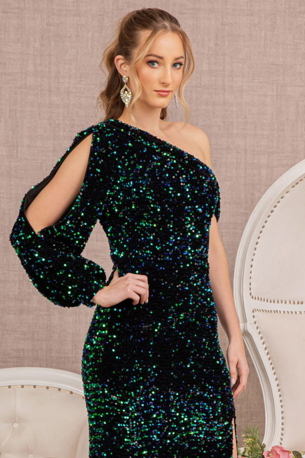 Green_2 Sequin Asymmetric Velvet Mermaid Dress - GL3159 - Special Occasion-Curves