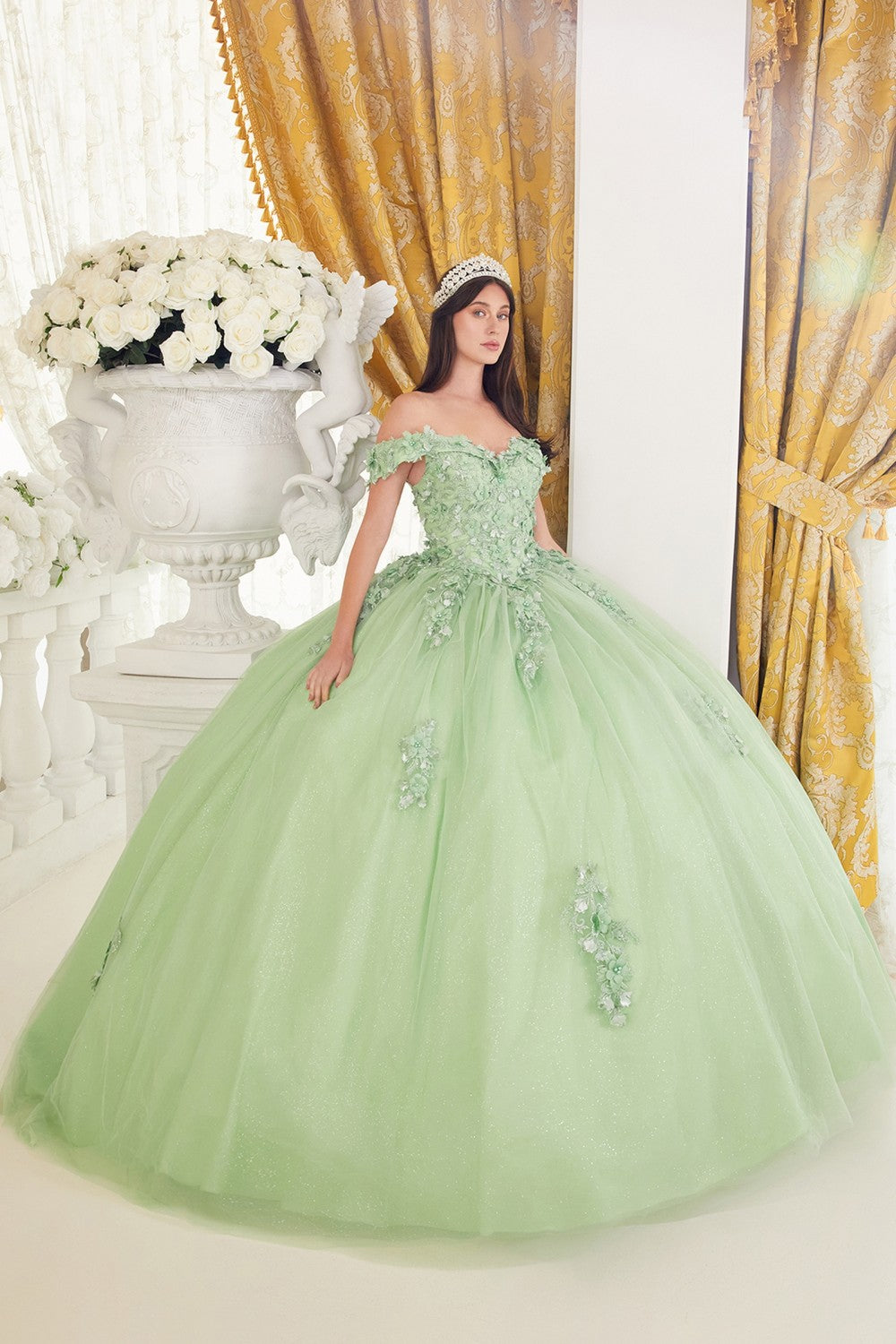 Greenery Lace Off The Shoulder Layered Tulle Quinceanera Ball Gown 15710