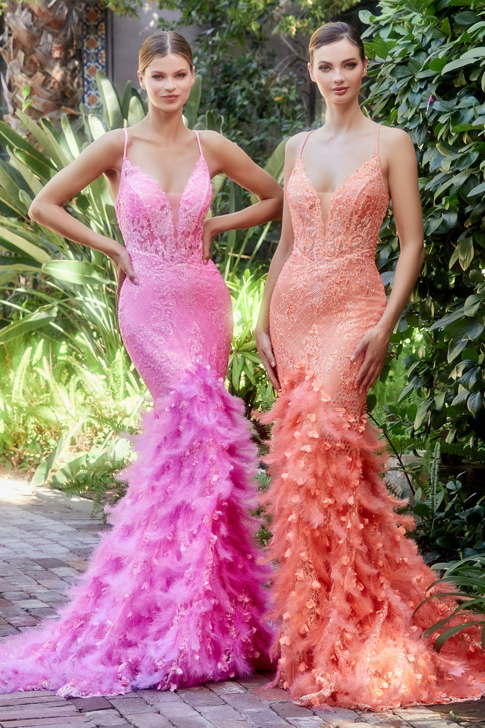 Hotpink-Orange Fitted Feather Mermaid Gown A1116 Penelope Gown - Special Occasion