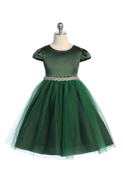 Capped Sleeve Satin & Tulle Girls Dress with Braided Rhinestone Trim 10 / Hunter Green Capped Sleeve Satin & Tulle Girls Dress with Braided Rhinestone Trim 10 / Hunter Green