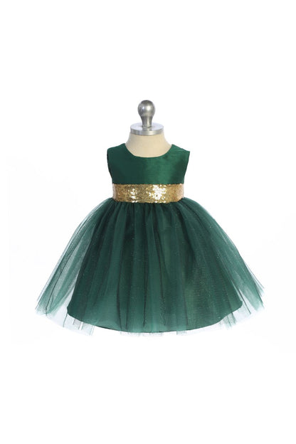 Gold Sequins V Back & Bow Baby Dress L-18M / Green Gold Sequins V Back & Bow Baby Dress L-18M / Green