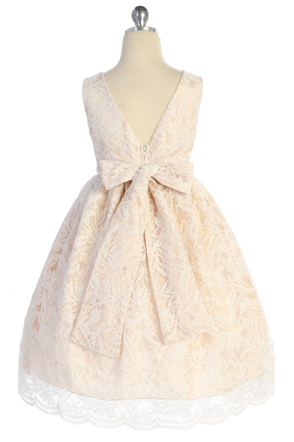 Lace V Back Bow with Mesh Pearl Trim Girl Party Dress by AS526-B Kids Dream