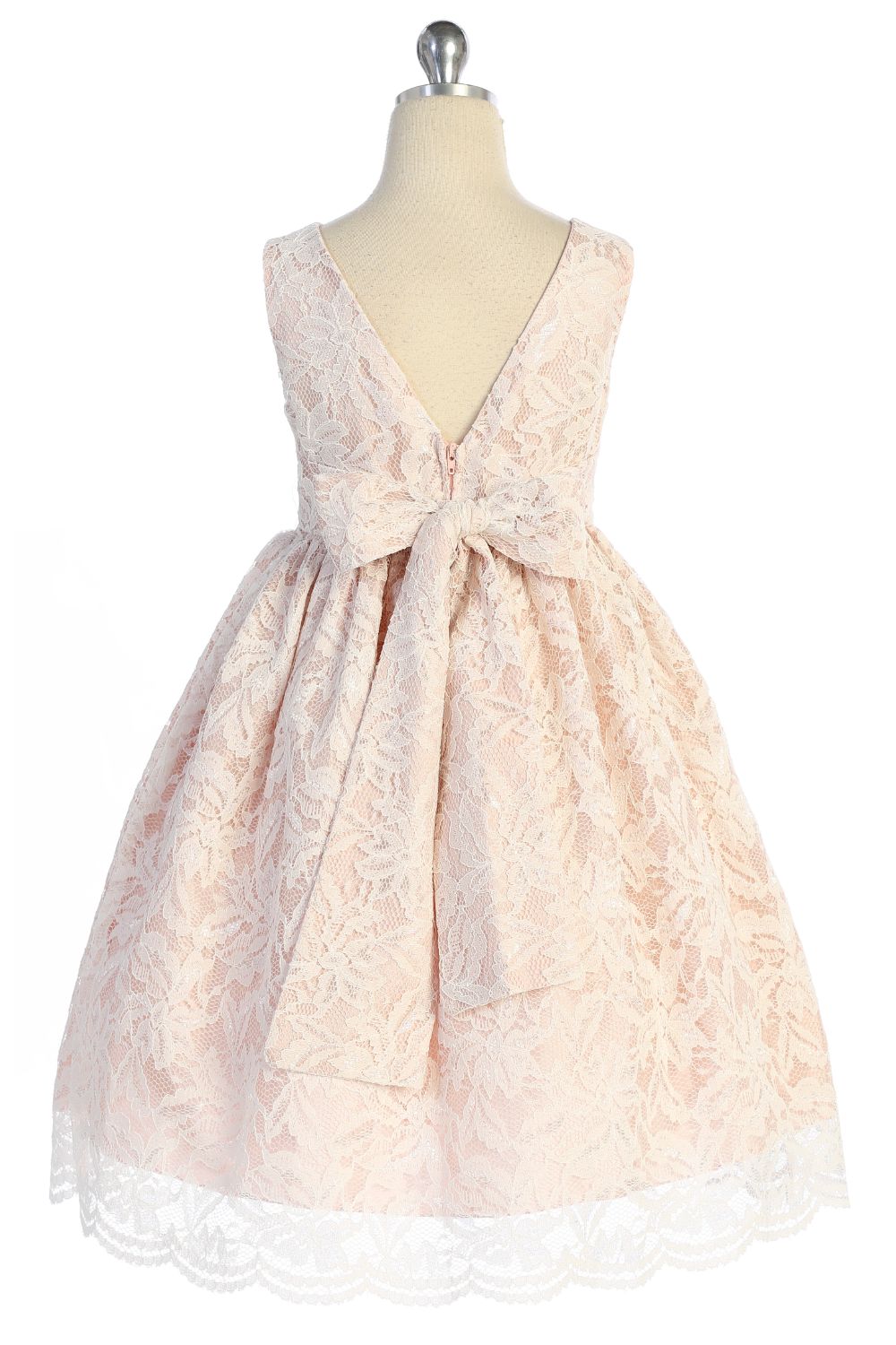 All Lace Girls Dress with V Back & Bow and Rhinestone Trim 14 / Blush