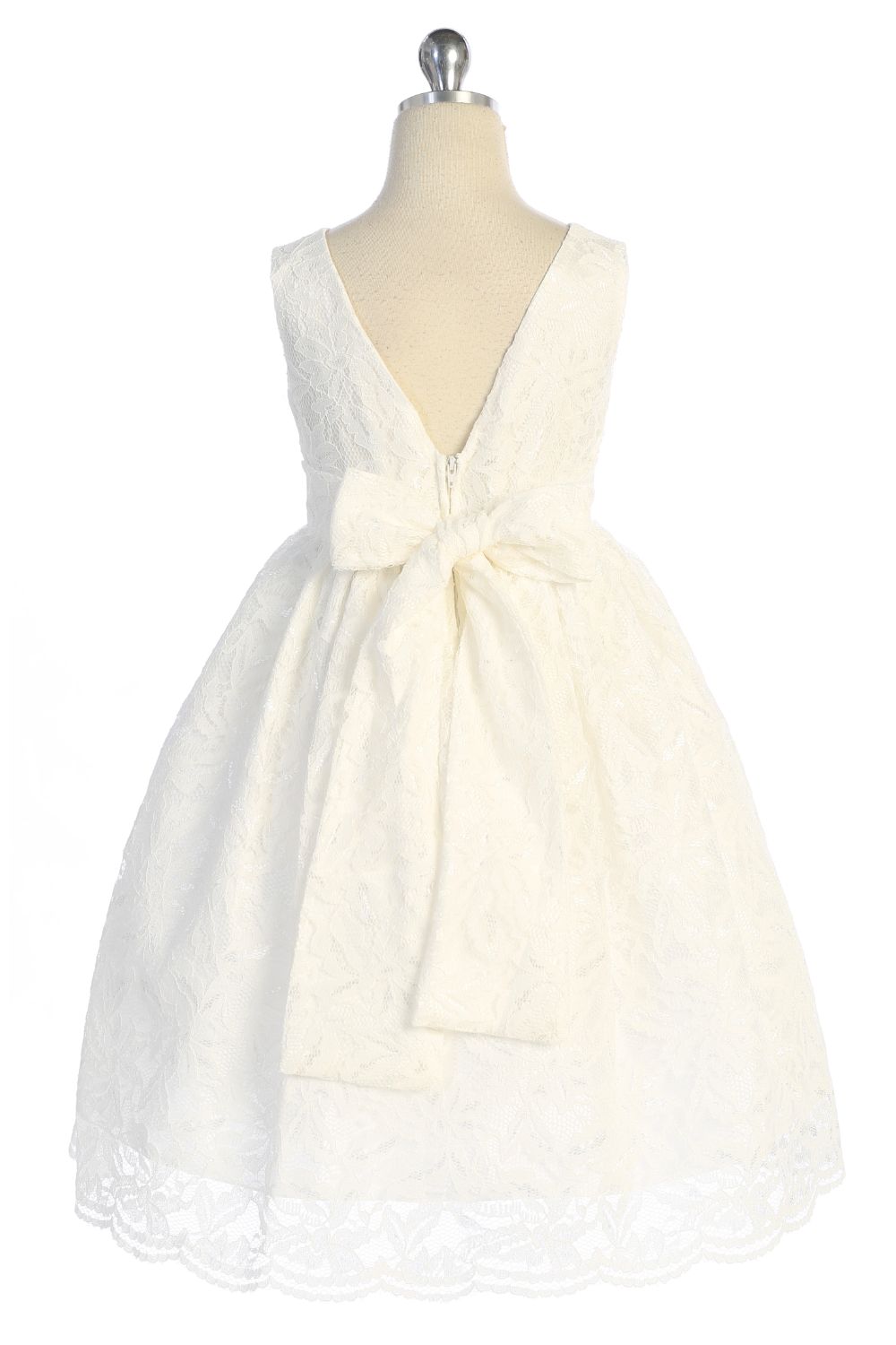 All Lace Girls Dress with V Back & Bow and Thick Pearl Trim 14 / Champagne
